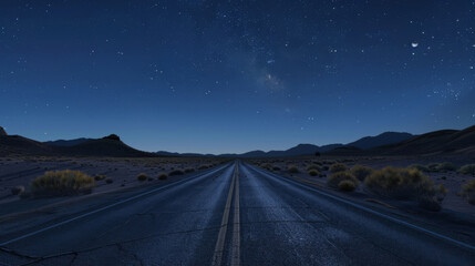 Asphalt Road in Desert Night: Moonlit Path Flanked by Shrubs and Rock Formations Under a Starry Sky