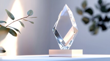 Crystal Trophy with a Plant in the Background