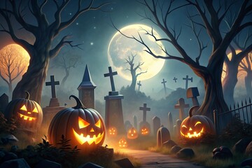 Fototapeta premium Halloween background with pumpkins and haunted house