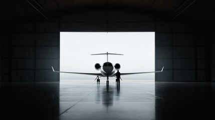 A small private jet is parked inside a large aircraft hangar, silhouetted against the light from the open entrance, signifying readiness and luxury in air travel.