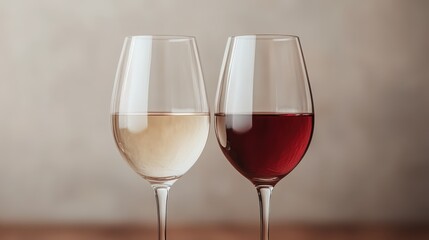 Two wine glasses filled with white and red wine are placed on a wooden table, symbolizing a contrast of flavors and the elegance associated with enjoying fine wine.