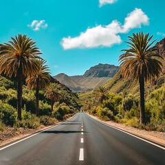 road with palm trees in the mountains