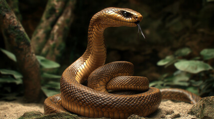Fototapeta premium A cobra is a fierce snake with a distinctive hood. Its venom is deadly, but it's also a fascinating creature. --ar 16:9 --v 6.1 Job ID: 508e1eae-052a-4d33-b5fc-039344026f70