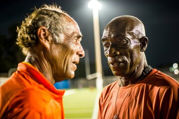 Naklejka premium Sports Coach Reprimanding Player on Field Conveying Discipline and Focus.