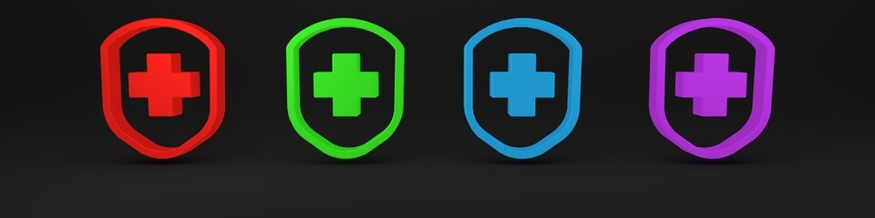 Fototapeta premium Colorful Medical shield with cross icon isolated on black background. Protection, safety, password security. Minimalism concept. 3D render illustration