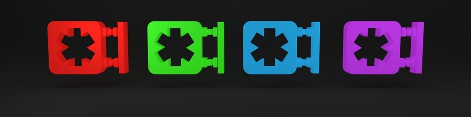 Colorful Medical symbol of the Emergency - Star of Life icon isolated on black background. Minimalism concept. 3D render illustration