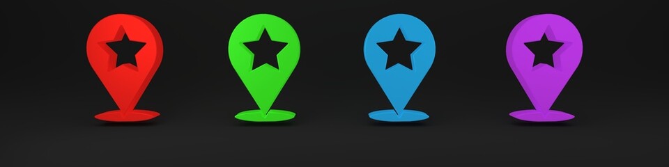 Colorful Map pointer with star icon isolated on black background. Star favorite pin map icon. Map markers. Minimalism concept. 3D render illustration
