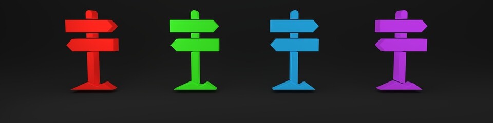 Colorful Road traffic sign. Signpost icon isolated on black background. Pointer symbol. Street information sign. Direction sign. Minimalism concept. 3D render illustration