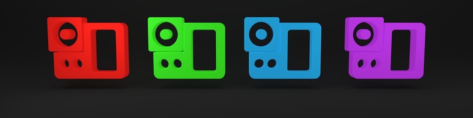 Colorful Photo camera icon isolated on black background. Foto camera icon. Minimalism concept. 3D render illustration