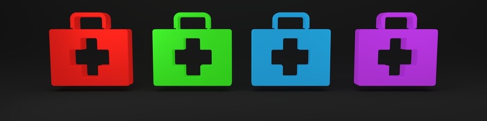 Colorful First aid kit icon isolated on black background. Medical box with cross. Medical equipment for emergency. Healthcare concept. Minimalism concept. 3D render illustration