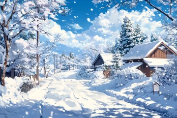 Fototapeta premium Enchanting Anime-Style Snowscape: A Whimsical Winter Wonderland Bursting with Abstract Artistry, Ideal for Game Concept Art and Storybook Illustrations, Perfect as 4K Wallpaper.