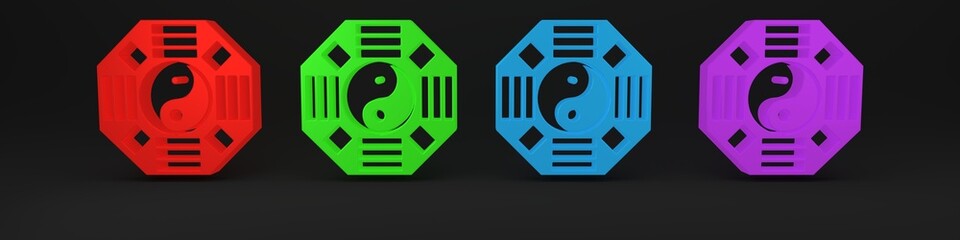 Colorful Yin Yang symbol of harmony and balance icon isolated on black background. Minimalism concept. 3D render illustration