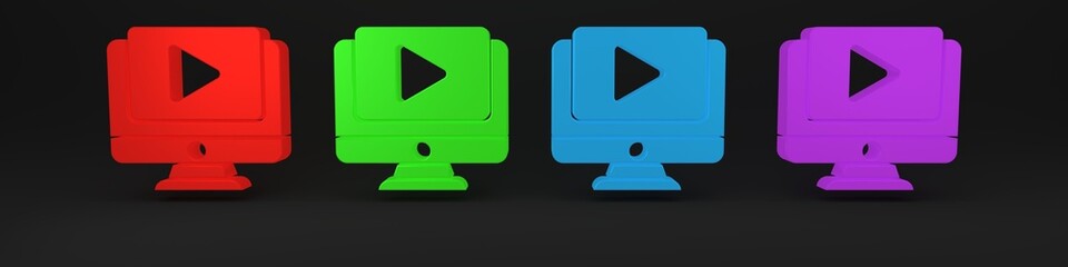 Colorful Online play video icon isolated on black background. Computer monitor and film strip with play sign. Minimalism concept. 3D render illustration