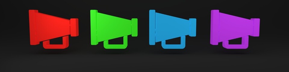 Colorful Megaphone icon isolated on black background. Speaker sign. Minimalism concept. 3D render illustration