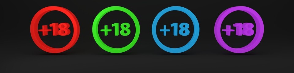 Obraz premium Colorful Plus 18 movie icon isolated on black background. Adult content. Under 18 years sign. Minimalism concept. 3D render illustration
