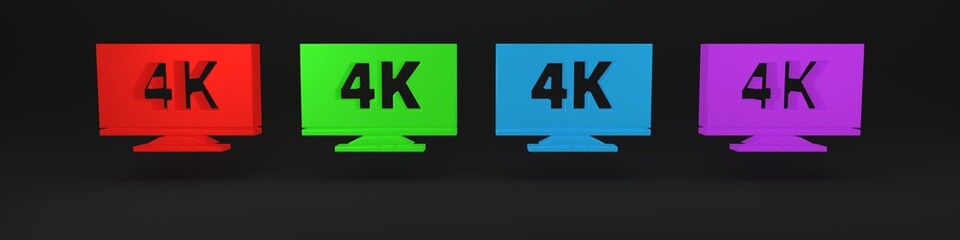 Colorful Screen tv with 4k Ultra HD video technology icon isolated on black background. Minimalism concept. 3D render illustration