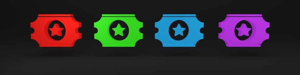 Colorful Cinema ticket icon isolated on black background. Minimalism concept. 3D render illustration