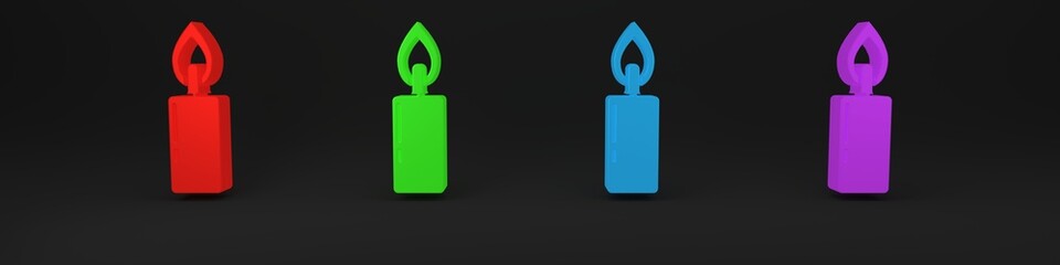 Colorful Burning candle icon isolated on black background. Cylindrical candle stick with burning flame. Minimalism concept. 3D render illustration