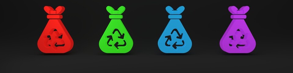 Colorful Garbage bag with recycle symbol icon isolated on black background. Trash can icon. Recycle basket sign. Minimalism concept. 3D render illustration