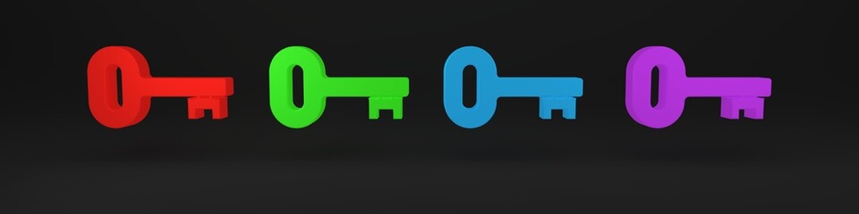 Colorful Old key icon isolated on black background. Minimalism concept. 3D render illustration