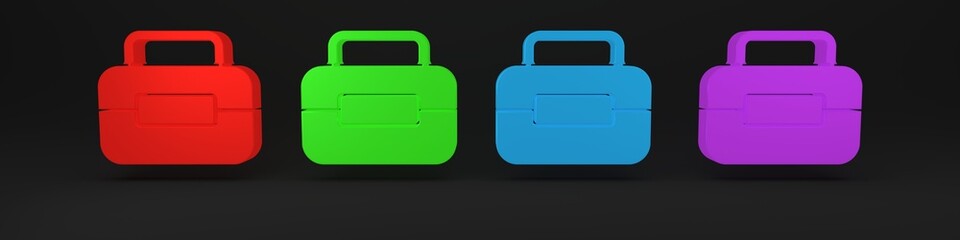 Colorful Toolbox icon isolated on black background. Tool box sign. Minimalism concept. 3D render illustration