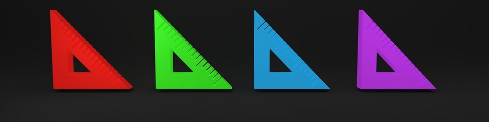 Colorful Triangular ruler icon isolated on black background. Straightedge symbol. Geometric symbol. Minimalism concept. 3D render illustration