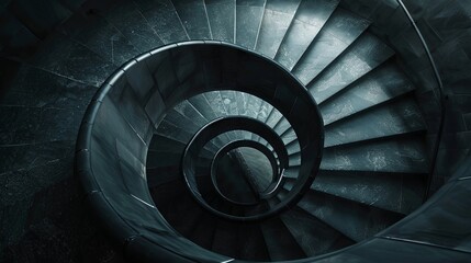 Circular steel staircase used as an interior decoration, featuring a dark-colored spiral design. Perfect for travel and architecture backgrounds