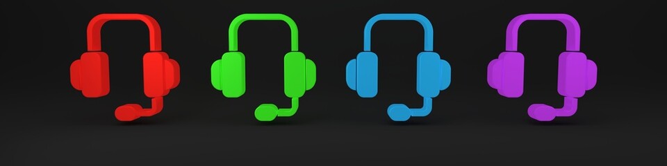 Colorful Headphones icon isolated on black background. Support customer service, hotline, call center, faq, maintenance. Minimalism concept. 3D render illustration