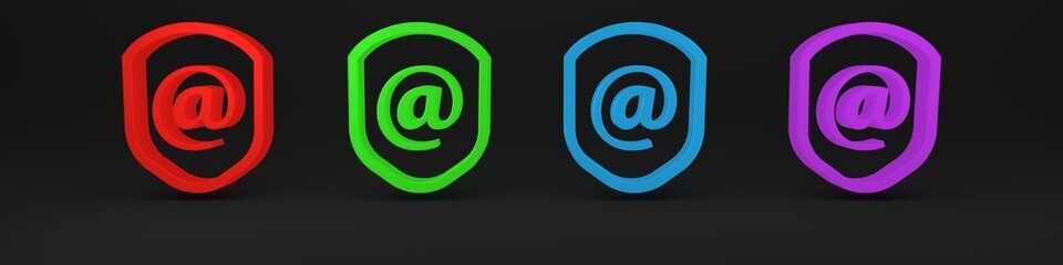 Colorful Shield with mail and e-mail icon isolated on black background. Guard sign. Security, safety, protection, privacy concept. Minimalism concept. 3D render illustration