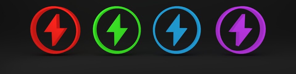Colorful Lightning bolt icon isolated on black background. Flash sign. Charge flash icon. Thunder bolt. Lighting strike. Minimalism concept. 3D render illustration