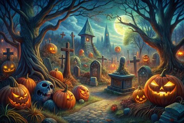 Fototapeta premium Halloween background with pumpkins and haunted house