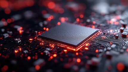 A high-tech close-up image of a microchip, surrounded by intricate glowing red circuitry lights, representing the advanced technology and innovation in modern electronics.