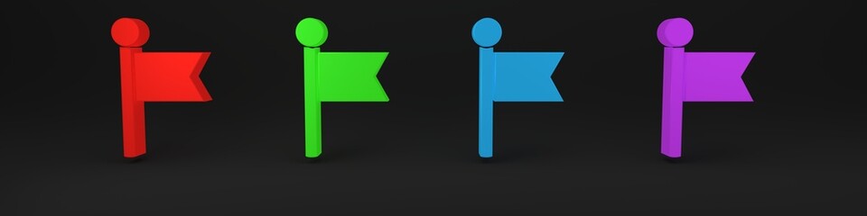 Colorful Flag icon isolated on black background. Location marker symbol. Minimalism concept. 3D render illustration
