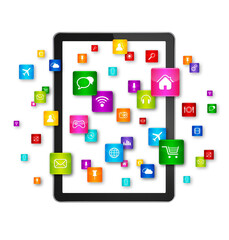 Fototapeta premium Digital Tablet PC and flying apps icons