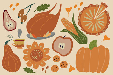  Thanksgiving day elements. Autumn food for  Thanksgiving day.