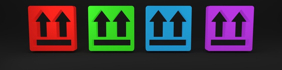 Colorful This side up icon isolated on black background. Two arrows indicating top side of packaging. Cargo handled. Minimalism concept. 3D render illustration