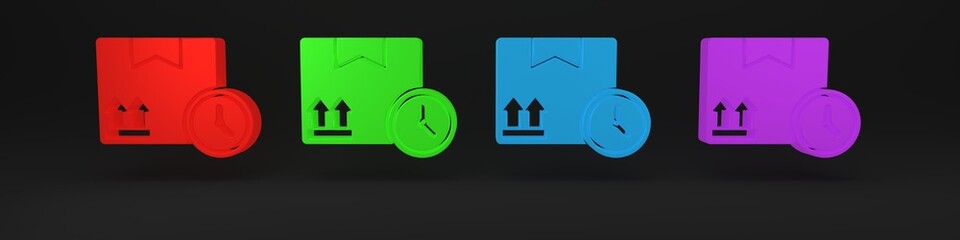 Colorful Carton cardboard box and fast time delivery icon isolated on black background. Box, package, parcel sign. Delivery and packaging. Minimalism concept. 3D render illustration