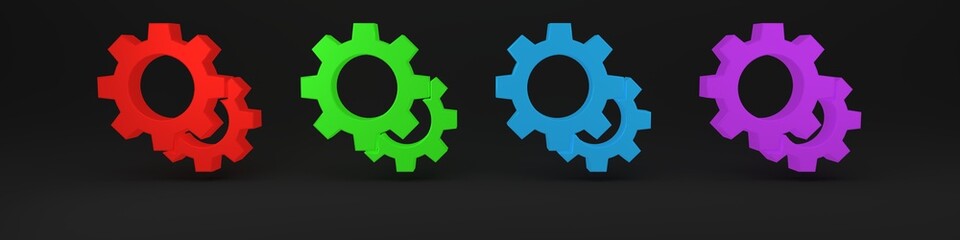 Colorful Gear icon isolated on black background. Cogwheel gear settings sign. Cog symbol. Minimalism concept. 3D render illustration