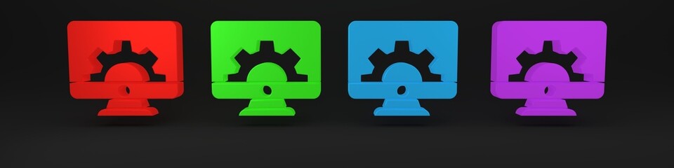 Colorful Computer monitor and gear icon isolated on black background. Adjusting, service, setting, maintenance, repair, fixing. Minimalism concept. 3D render illustration