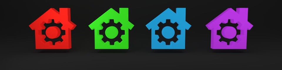 Colorful House or home with gear icon isolated on black background. Adjusting, service, setting, maintenance, repair, fixing. Minimalism concept. 3D render illustration