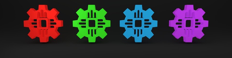 Colorful Processor icon isolated on black background. CPU, central processing unit, microchip, microcircuit, computer processor, chip. Minimalism concept. 3D render illustration