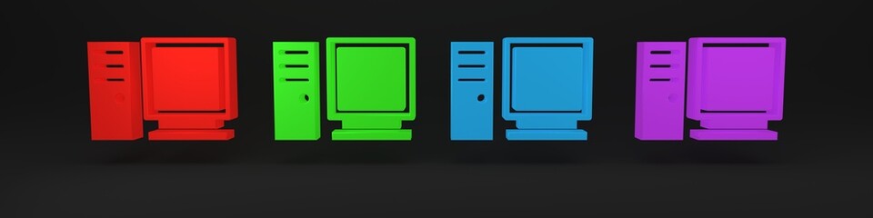 Colorful Computer monitor icon isolated on black background. PC component sign. Minimalism concept. 3D render illustration