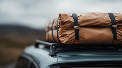 A neatly packed camping gear set on a car roof rack, ready for an adventure. This image reflects the excitement and preparation associated with outdoor trips and exploration.