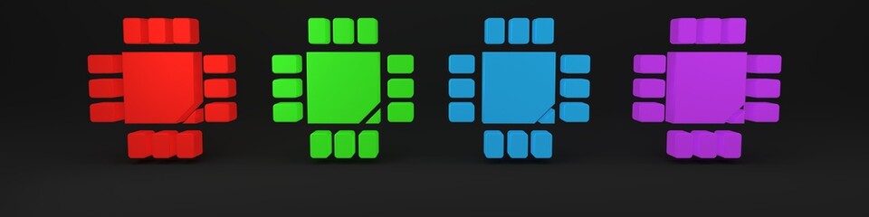 Colorful Computer processor with microcircuits CPU icon isolated on black background. Chip or cpu with circuit board. Micro processor. Minimalism concept. 3D render illustration