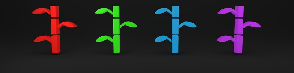 Colorful Bamboo stems with leaves icon isolated on black background. Minimalism concept. 3D render illustration