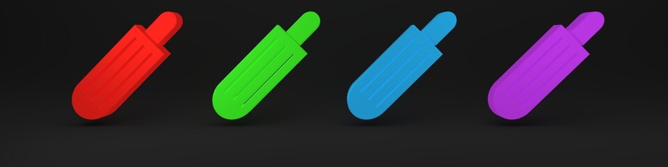 Colorful French hot dog icon isolated on black background. Sausage icon. Fast food sign. Minimalism concept. 3D render illustration