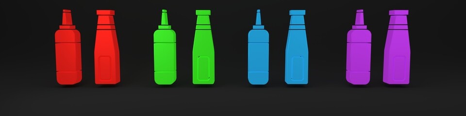 Colorful Sauce bottle icon isolated on black background. Ketchup, mustard and mayonnaise bottles with sauce for fast food. Minimalism concept. 3D render illustration