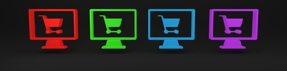 Colorful Shopping cart on screen computer icon isolated on black background. Concept e-commerce, e-business, online business marketing. Minimalism concept. 3D render illustration