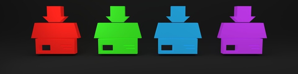 Colorful Carton cardboard box icon isolated on black background. Box, package, parcel sign. Delivery and packaging. Minimalism concept. 3D render illustration