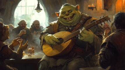 A chubby monster bard playing a lute in a medieval tavern with other monsters listening and clapping along
